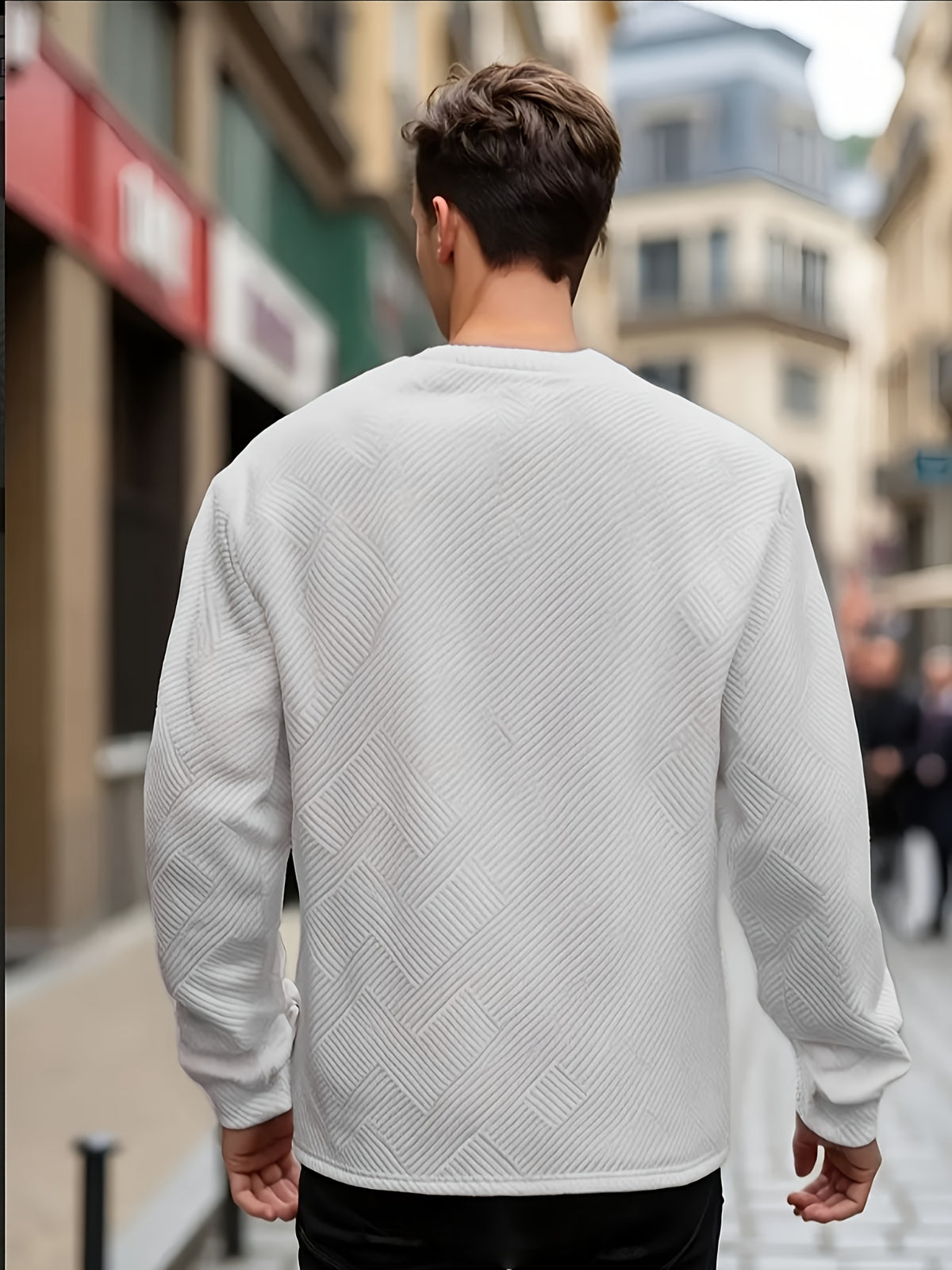 Men'S Spring Autumn Casual Long Sleeve Sweatshirt Daily All-Match Heavy Jacquard Round Neck Sweatshirt, Regular Fit, Outdoor, Crew Neck, Geometric Print - Light Grey