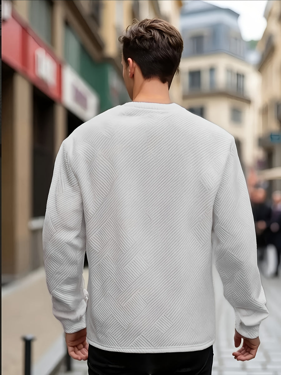 Men's Gift, Men's Fashion Heavyweight Jacquard Crew Neck Long Sleeve Sweatshirt, Casual and Comfortable Top for Spring and Autumn, Daily Outings - Light Grey