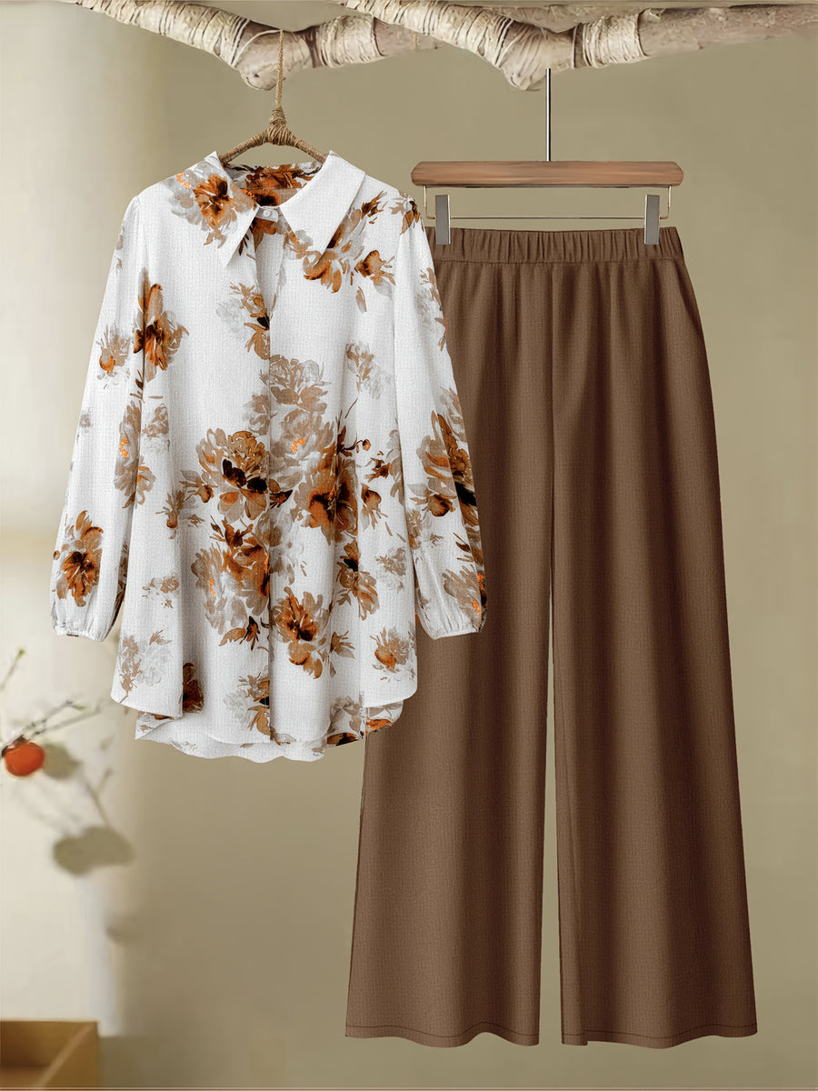 Spring/Autumn Women'S Fashion Casual Floral Print Shirt And Long Pants Set - Light Brown-1