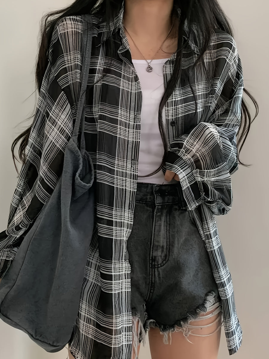 Chiffon Plaid Print Sheer Blouse Top Sunscreen Shirt - Black