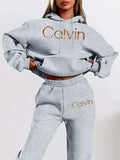Graphic Print Two-Piece Set, Crew Neck Sweatshirt And Pants, Women'S Clothing - Grey
