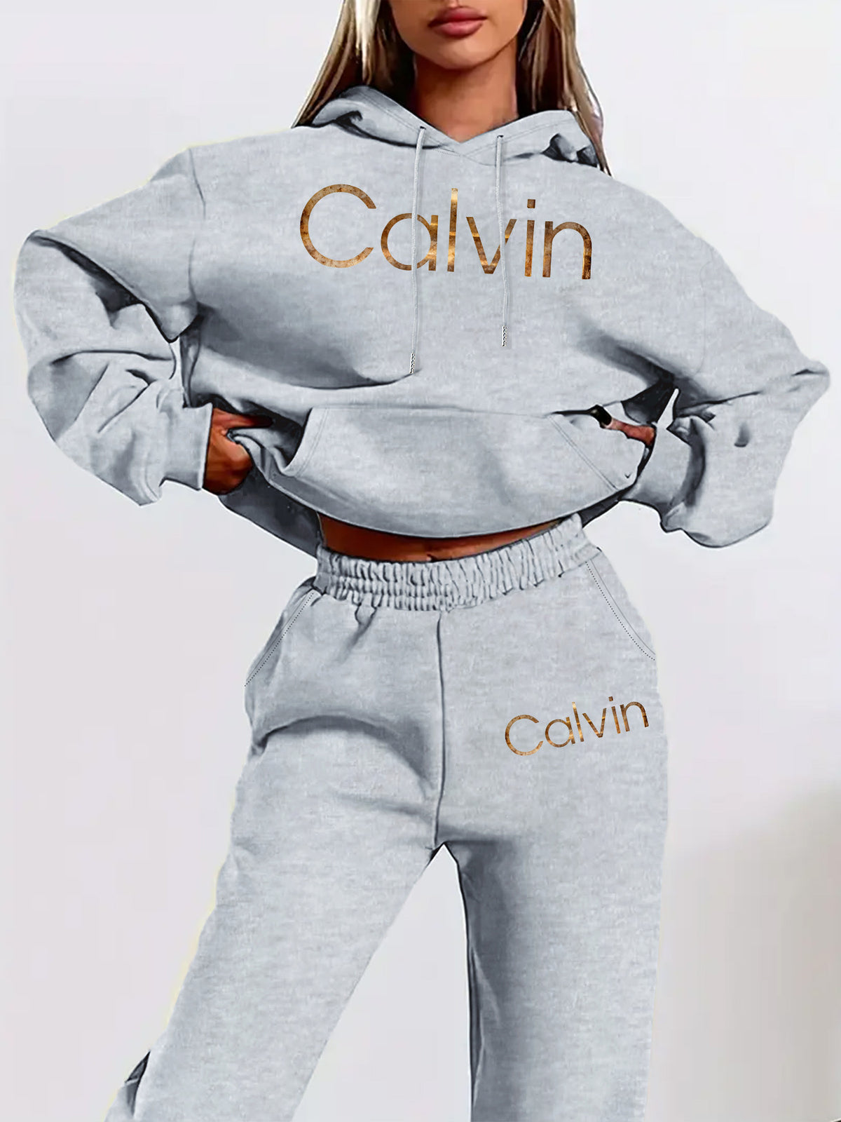 Graphic Print Two-Piece Set, Crew Neck Sweatshirt And Pants, Women'S Clothing - Grey