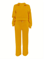 Women'S Casual Easy Solid Color Long Sleeve Hoodie And Pants 2pcs Set, Street Style, Suitable for Spring Autumn Daily Commute And Outing - Yellowish-brown