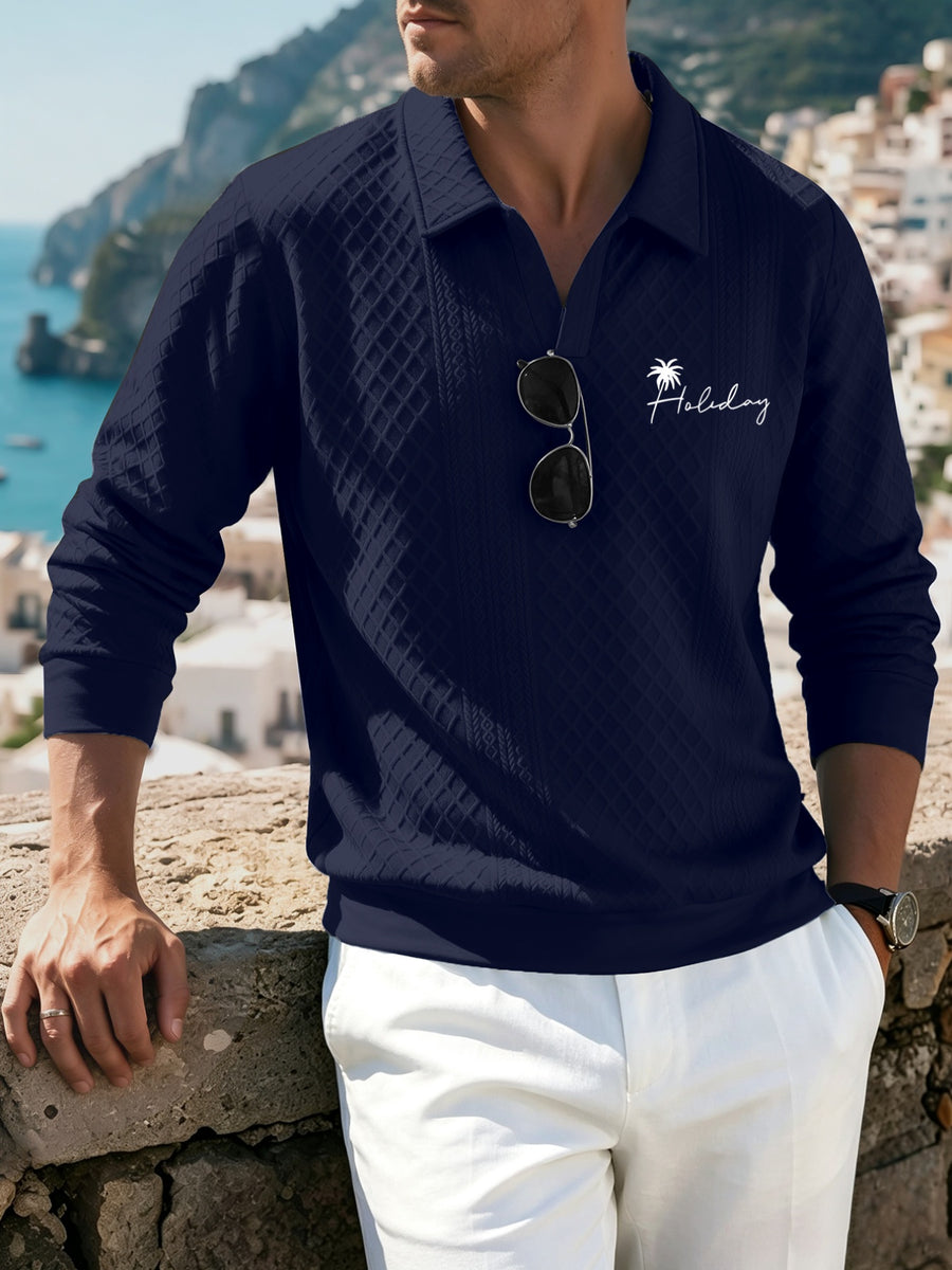 Versatile and Practical Men's Diamond-pattern Long-sleeve Polo Pullover with Lapel Collar, European and American Style, Suitable for Commuting and Outings (texture May Vary) - Navy Color