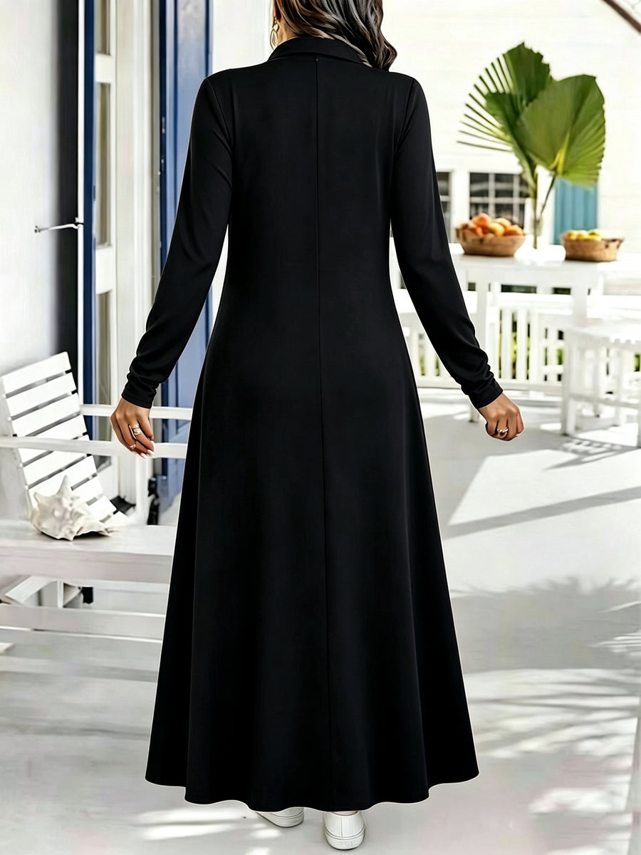 Plus Size, Plus Size Elegant Lapel Collar Zipper Dress - Full-Length -Line Maxi Dress with -Free, Machine Washable Winter Dress Suitable for, Weddings, Formal Events, Solid Color Long Sleeve Outfits - Black