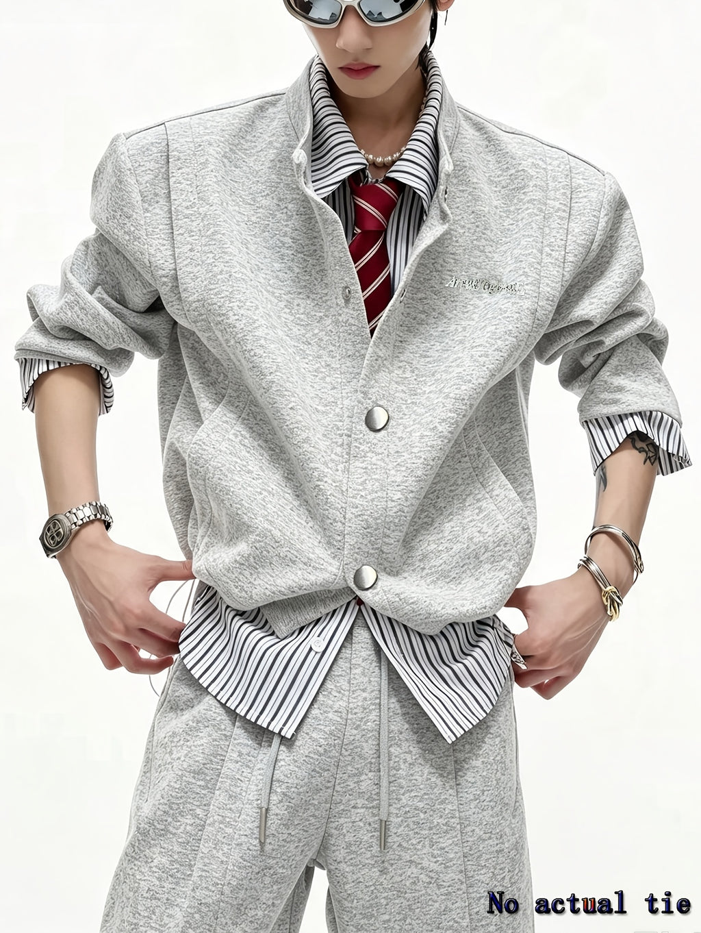 Men's Preppy Style Jacket, Ready-to-Ship Vintage Striped Shirt Collar Patchwork Cardigan Sweatshirt,  Streetwear Brand Designer Casual Outerwear - Grey