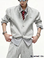Men's Preppy Style Jacket, Ready-to-Ship Vintage Striped Shirt Collar Patchwork Cardigan Sweatshirt,  Streetwear Brand Designer Casual Outerwear - Grey