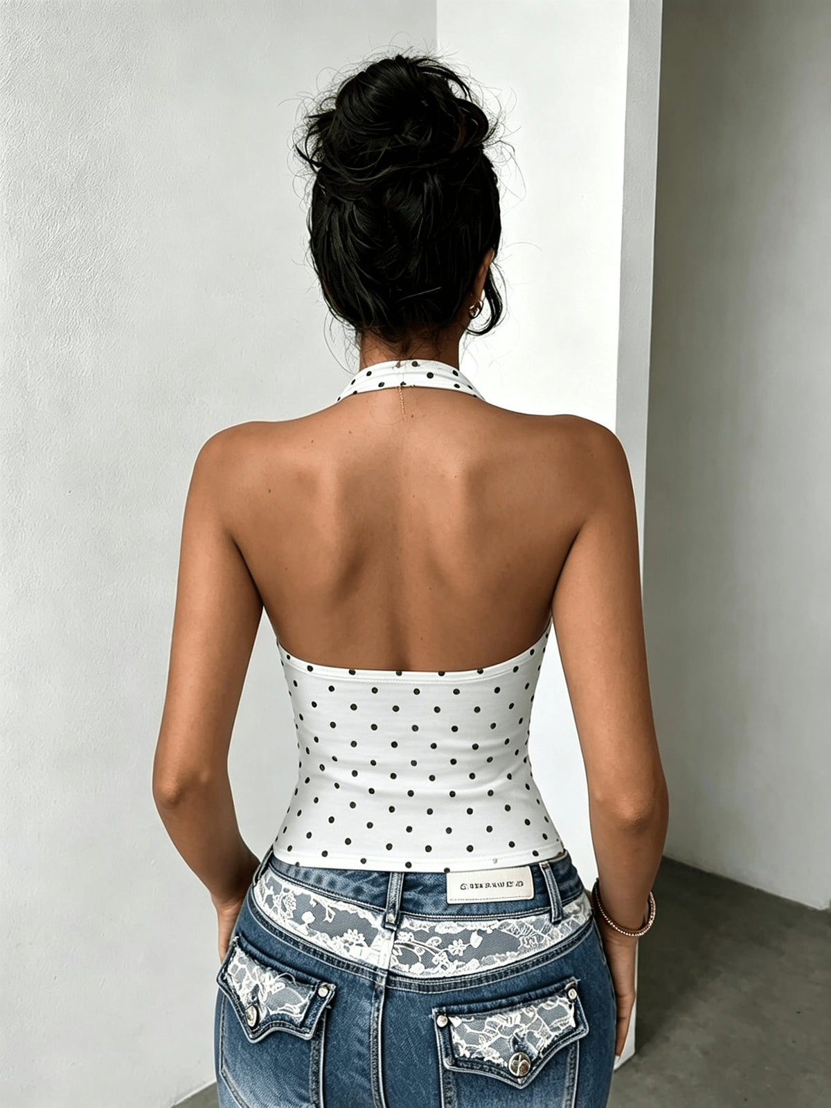 Women's Polka Dot Backless Slim-Fit Casual Camisole Top - White