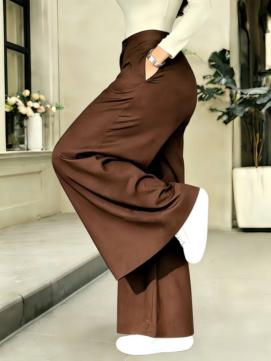 Women's Slim Fit Casual Pants - Spring/Summer Women's Trousers - High-Waisted Fashionable Long Pants - Versatile High-Waisted Casual Wide-Leg Pants - Coffee Color