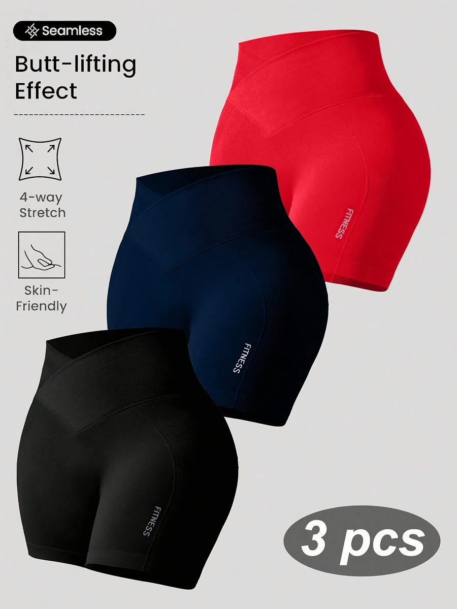 3pcs Set of Women'S New Waist-Cinching Short Shorts, Tummy Control And Butt Lift, Suitable for And - Black + Red + Navy Blue