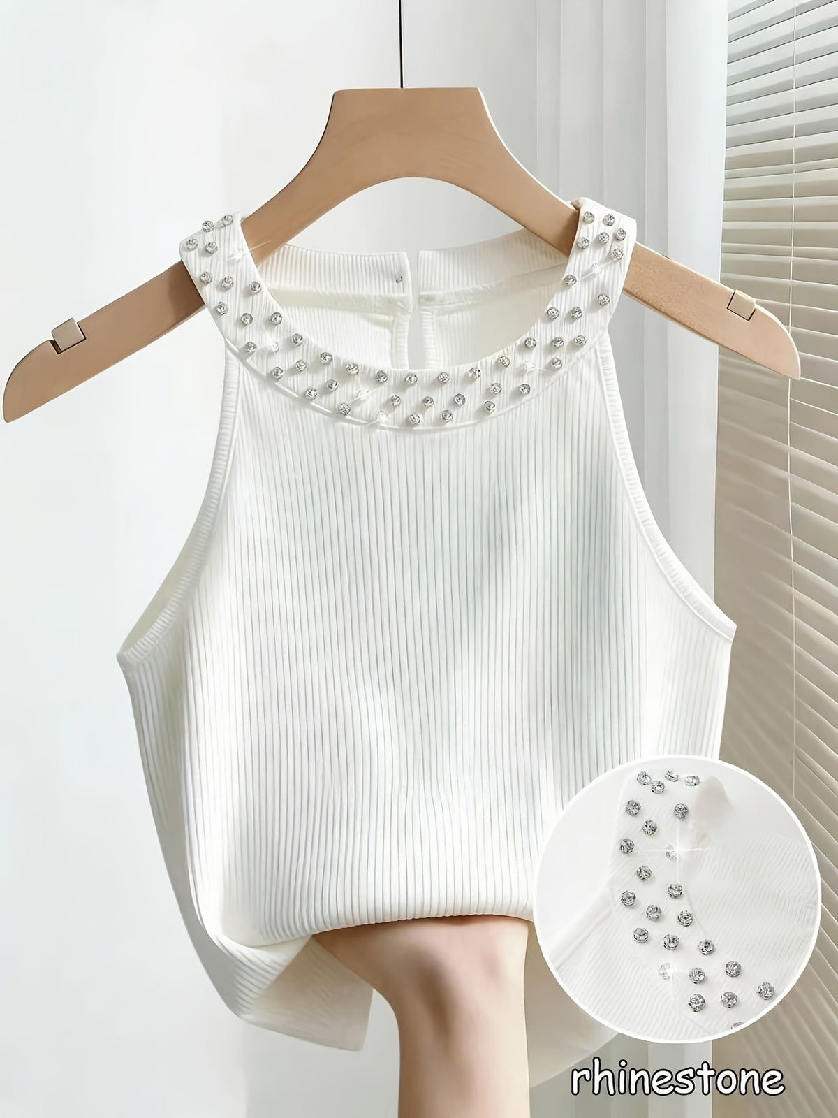 Women'S Tank Top And Camisole, French Summer Sexy Fitted Round Neck with Beading - White