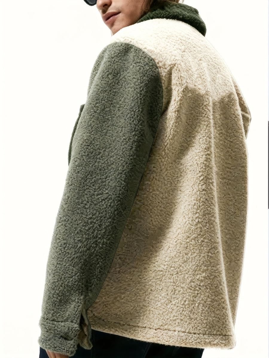 Men's Three-Color Contrast Patchwork Fashion Plush Jacket, Winter Knitted Plush Jacket with Pockets and Button Design, a Warm Top Suitable for Men's Daily Casual Wear, a Versatile Outerwear for Daily Commuting, a Gift for Men - Green