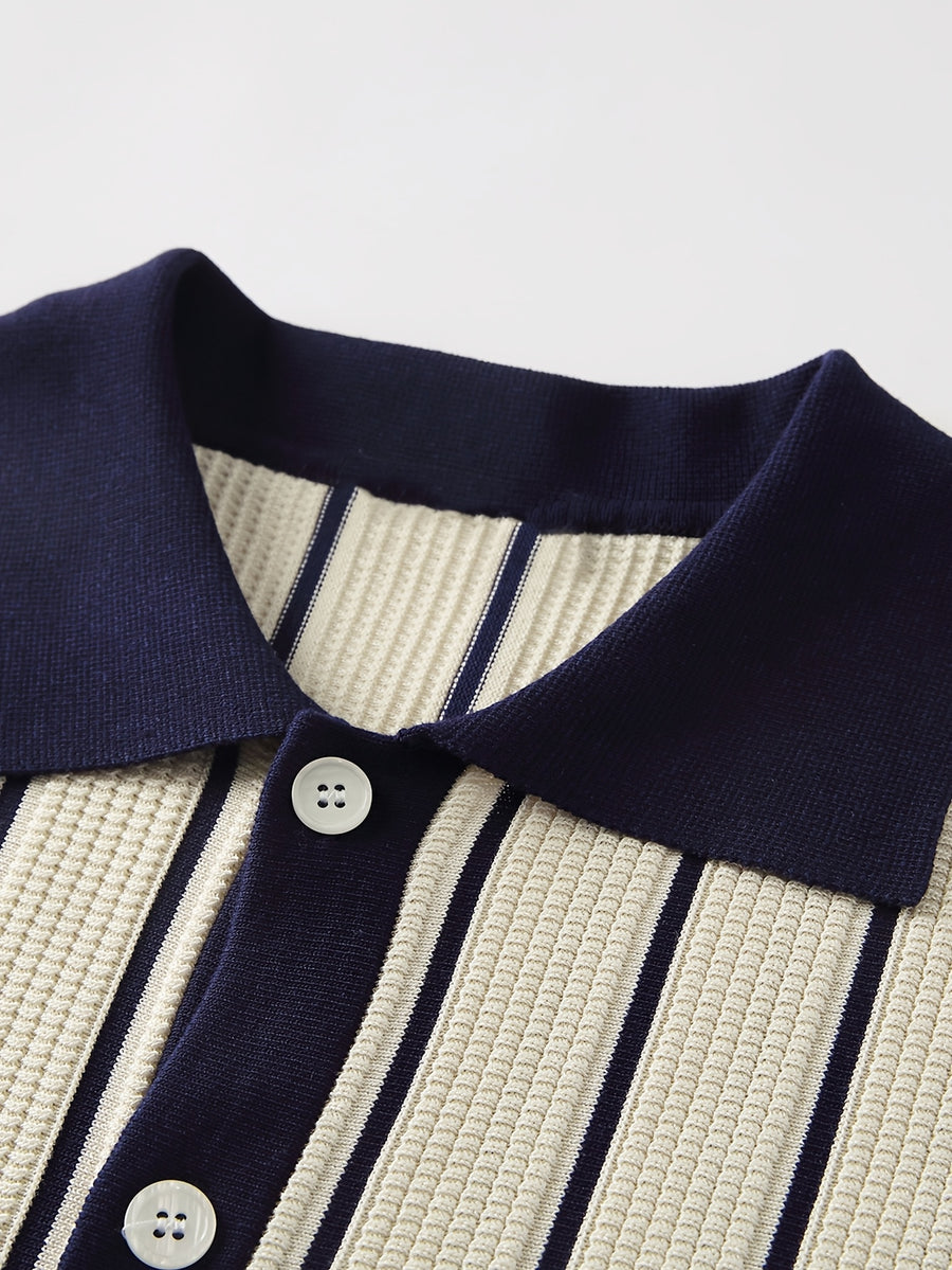 Men'S Summer Cardigan Short Sleeve Striped Polo Shirt, Short Sleeve Knit Sweater T-Shirt with Collar, Button-Up - M Beige