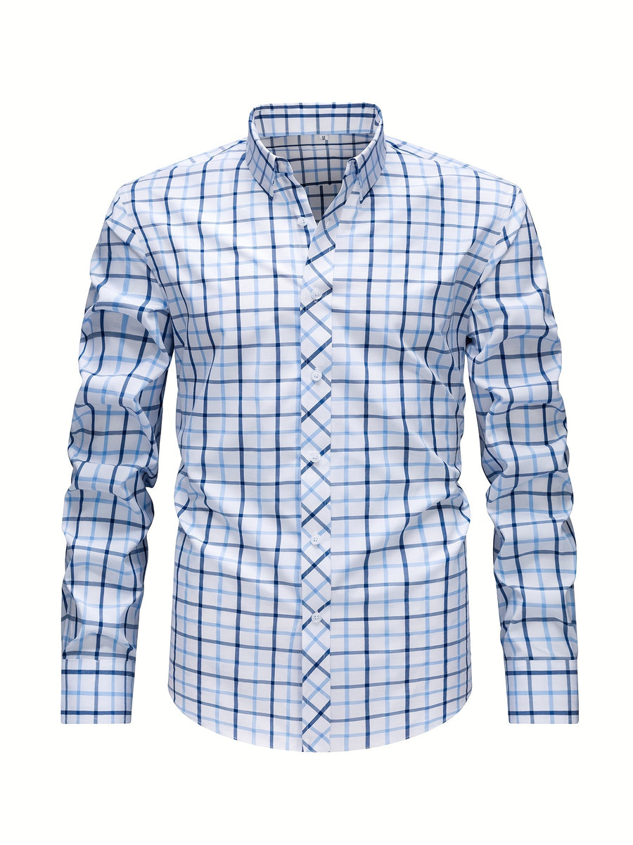 Men's Dress Shirt - Classic Checkered Pattern, Classic Notch Lapel with Button Design, Machine Washable, All-Season Regular Fit Suitable for Casual and Formal Wear - Blue And White Plaid