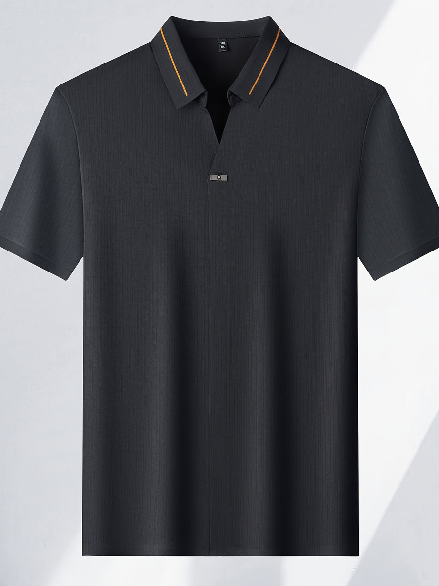 Men'S Seamless Short-Sleeved Polo, Summer Color-Block Ruffled Collar, Breathable Iron-Free Business Solid Color Casual Shirt - Black