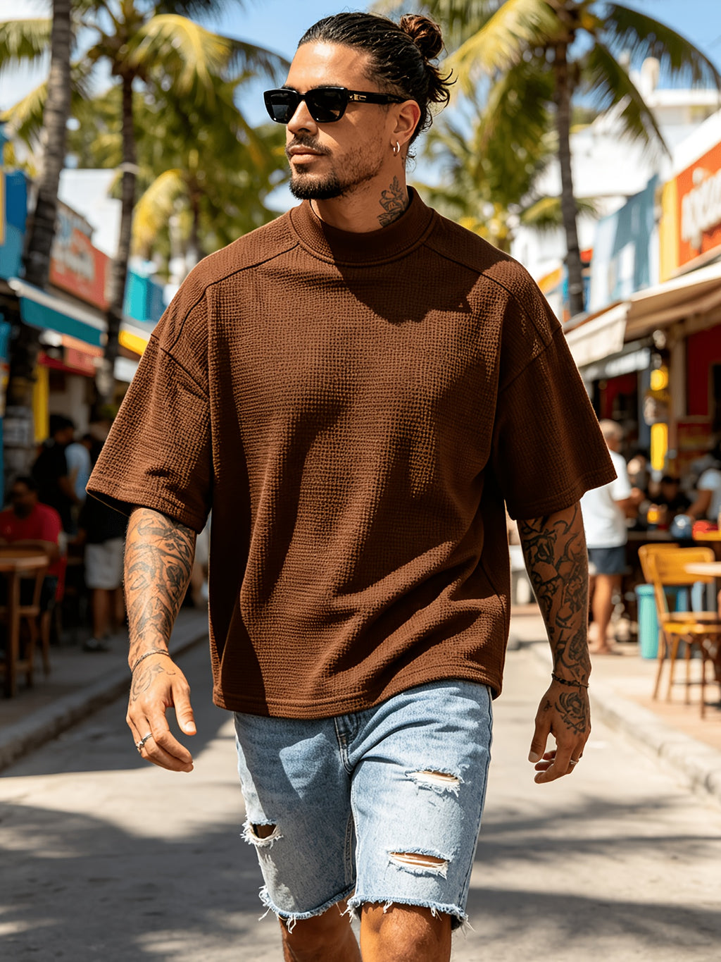 New Spring/Summer Men's Top, Fashionable Sporty Short Sleeve, Loose Fit Casual, Comfortable, Lightweight, Skin-Friendly, Trendy, Versatile, Refreshing, and Durable - Dark Brown