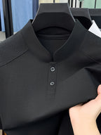 Men's Summer Short-Sleeve Stand Collar T-Shirt - Breathable Small Base Layer Shirt, Solid Color Business Casual Top Suitable for Daily Work Wear, Machine Washable & Dry Cleanable, Asymmetrical Hem - Black