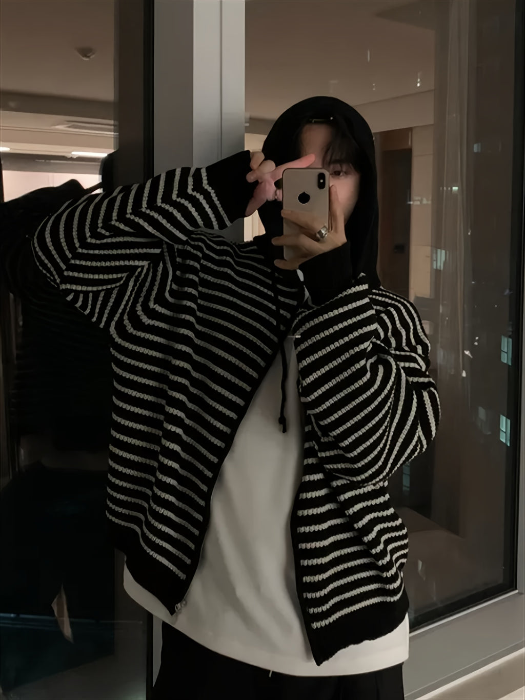 New Autumn/Winter Warm Fashionable Versatile Casual Men's Knit Cardigan Long Sleeve, Lazy Style Striped Hooded Cardigan Sweatshirt, Contrast Color Outerwear Sweater with Double-End Zipper and Adjustable Drawstring, for Work, School - Black