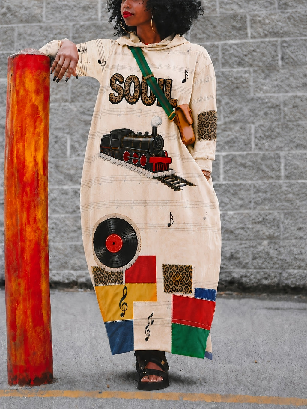 Plus Size Women'S Soul Music Theme Hooded Long Dress, Light Apricot Base Color Soft And Non-Picky, Full Set of American Retro Music Element Printed Musical Score, Notes, Vintage Records, Retro Motorcycles And Trains - Apricot