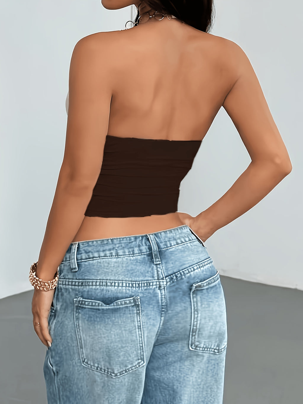 Women'S V-Neck Backless Camisole Metal Chain Halter Sexy Top - Coffee Brown