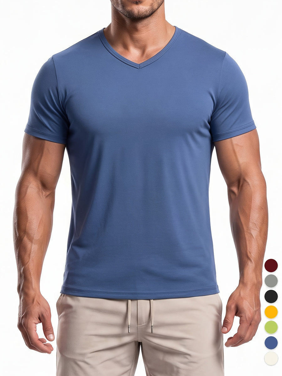 Men's Minimalist Sporty V-Neck Quick-Dry T-Shirt, Lightweight Breathable Moisture-Wicking Polyester Fiber Short-Sleeve Top, Solid Color Slim-Fit Casual Fitness Shirt, Suitable for Fitness, Running, Outdoor, Light Outdoor, and Urban Commuting - Navy Color