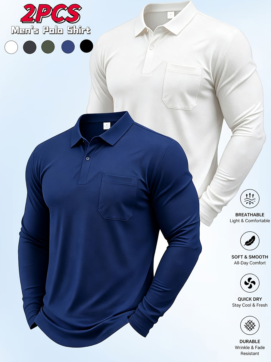 2pcs Men'S Long Sleeve Polo Shirt with Chest Pocket Design, Soft, Smooth, Wrinkle-Resistant And Casual Button Neck T-Shirt, Suitable for Spring And Autumn Wear, Lightweight Daily Commuting, Outdoor Sports, Business Basic Clothing - Navy Blue+White