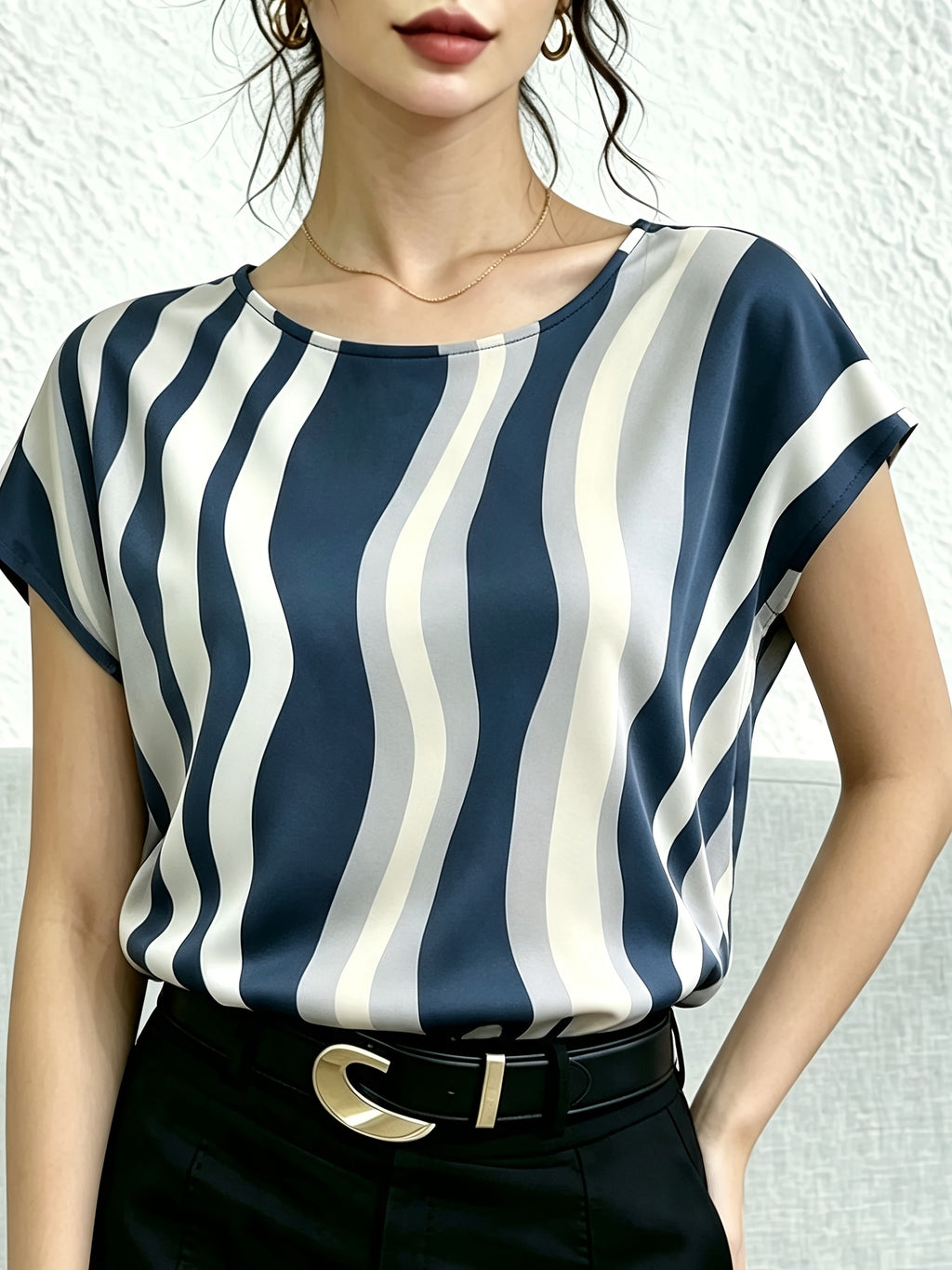 Women'S Casual Easy Fashion Printed Short Sleeve Vacation Top - Navy Color