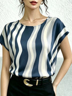 Women'S Casual Easy Fashion Printed Short Sleeve Vacation Top - Navy Color