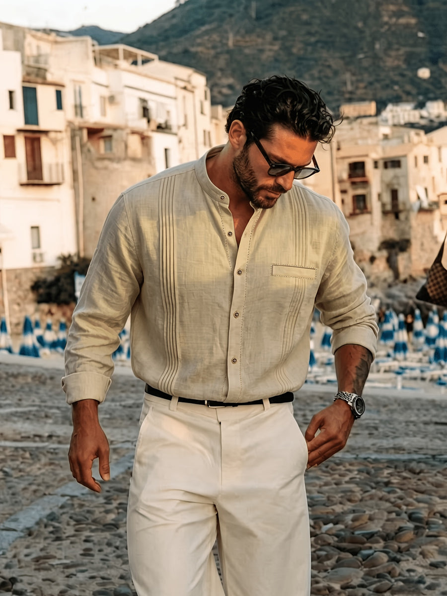 Men's Lightweight Breathable Linen Shirt with Stand-Up Collar & Roll-Up Sleeves - Retro Button-Front Suitable for Beach Vacation, Commuting, Casual Wear, Symmetrical Pleats, Single Pocket, Machine Washable Summer Top (Gift Selection) - Khaki