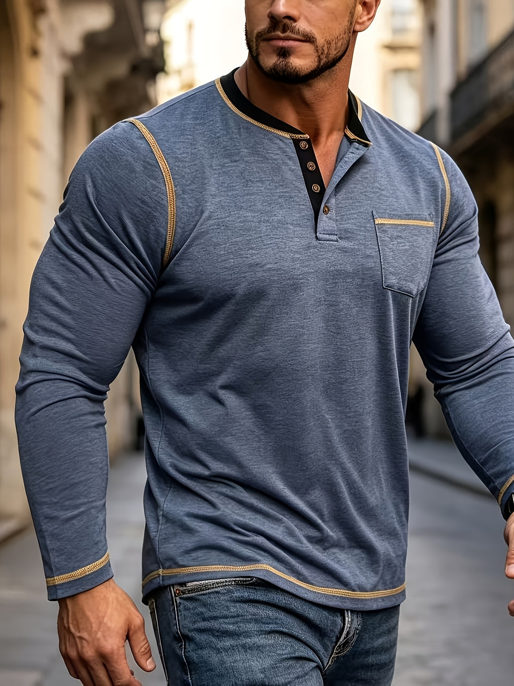 Autumn Casual Men'S Fashion Long Sleeve Henley Shirt T-Shirt Men'S Base Layer Shirt Round Neck Top - Navy Color