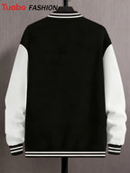 Men'S Trendy Baseball Jacket - LA WEST COAST Pattern - Contrast Sleeve Style - Button Closure And Stretch Fabric All-Season Versatile Comfortable Outerwear - Ideal for Outings, Travel, Friends Gatherings, And Commuting, Loose Fit Machine Washable - Black