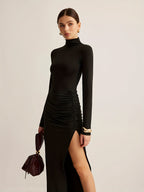 Women's Fashion Stand Collar Pleated Slit Dress, Black Stand Collar Slit Pleated Dress, Slim Fit Long Sleeve Dress, Thigh-High Slit, Sexy and Stylish, Highlights Curves, Valentine's Day, New Year Outfit, Simple and Fashionable, High-End and Elegant - Black