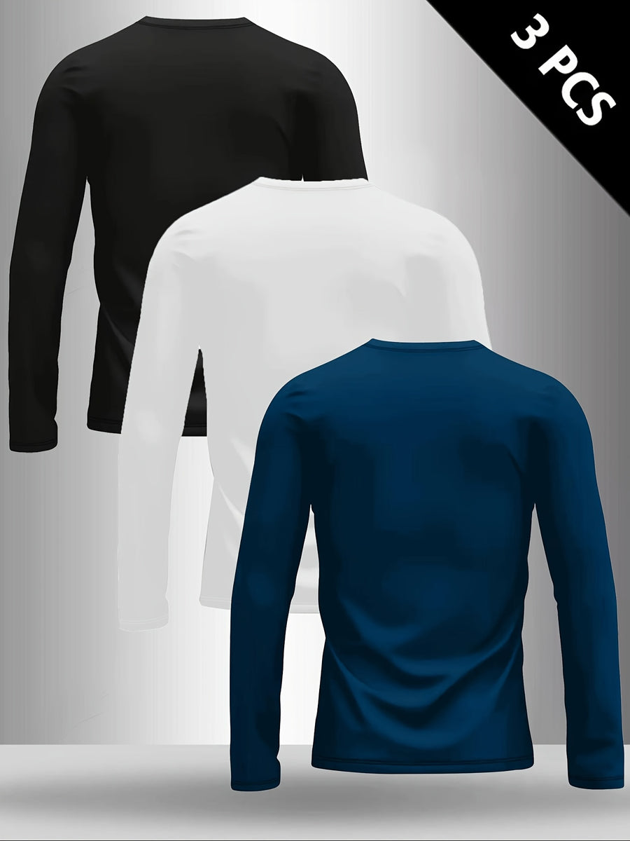Set of Three Men'S Long-Sleeve T-Shirts, Featuring Print Regular Long-Sleeve Shirts for Spring And Autumn, Suitable for Outdoor Sports And Casual Wear - Black, White, Blue