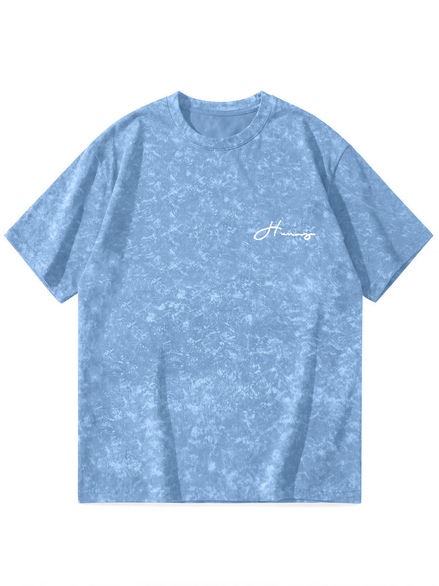 Minimalist Letter Pattern Short Sleeve, Outdoor Street Style Men'S Distressed T-Shirt - Light Blue