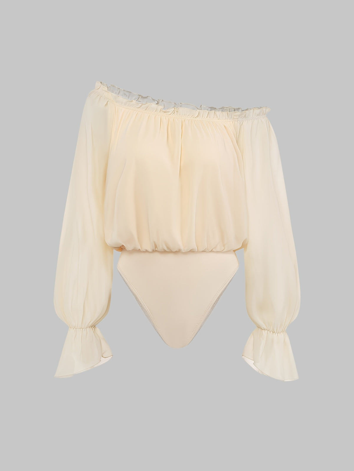 Women's Off-shoulder Bodycon Top, Chiffon Fabric, Lantern Sleeve Design, Ruffle Detailing, Pleated Design, New Spring/summer Women's Clothing - Apricot