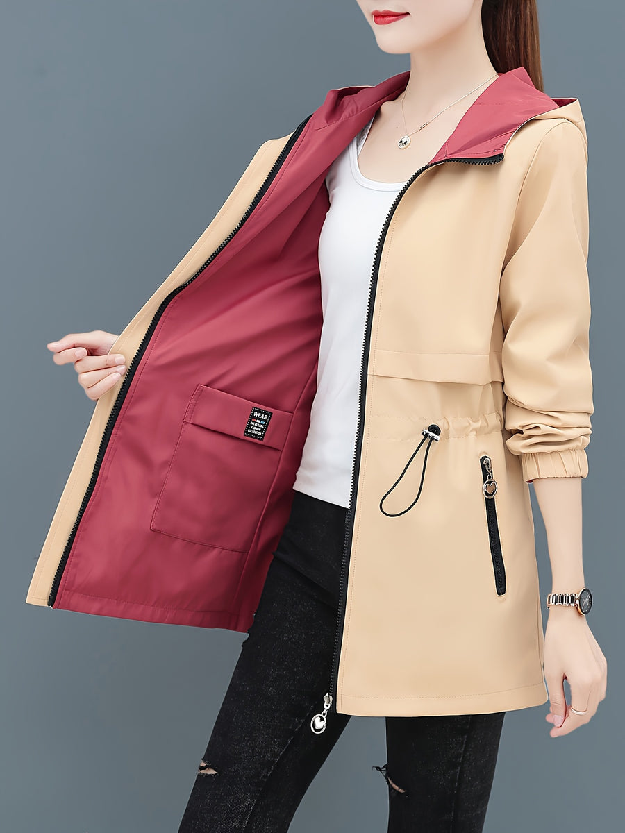 Reversible Women'S Trench Coat Jacket, Mid-Length Hooded Outerwear, Spring/Autumn Red And Green Contrast, Adjustable Waist Tie, Casual Elegant Outdoor Cardigan Top, Front Pocket Zipper Design, Non-Stretch Fabric, Fashionable Jacket - Khaki
