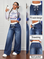 [2026SS And Belt Waistband And Athletic Patchwork And Wide-Leg Cropi] Drawstring Waist Tie Women'S Contrast Pants Waist Casual Wide-Leg Jeans, Women'S Mom Jeans, Jeans, Women'S Flare Pants, Loose Low-Rise Jeans, Cold Weather Clothing - Medium Blue