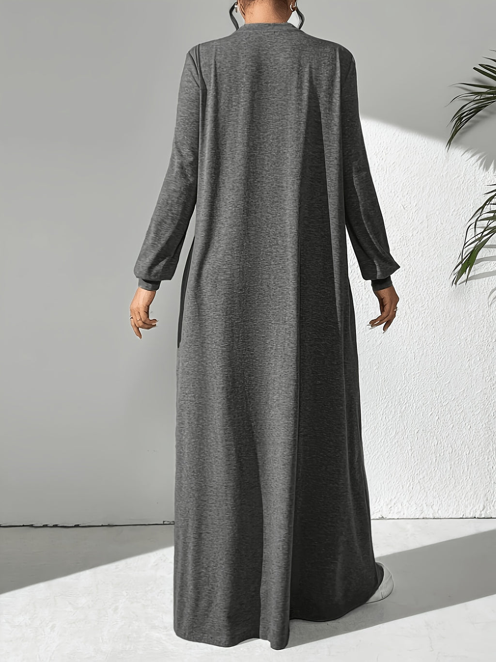 Women'S Casual Solid Color Arabic Style Dress, Spring/Autumn Season, Easy Long Sleeve Dress, Perfect for Beach/Casual/Vacation/Home Wear/Daily Wear - Graphite Color