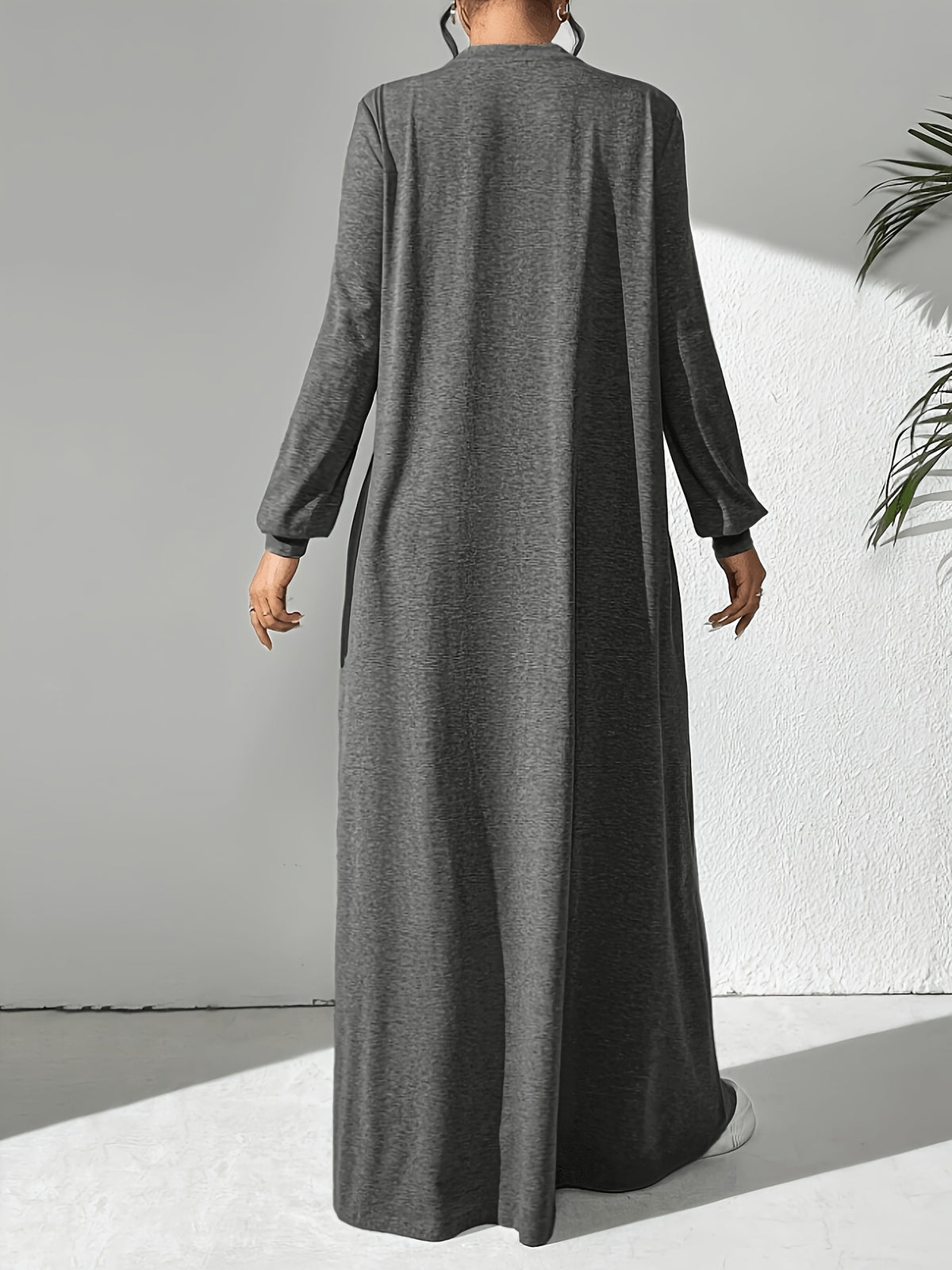 Women'S Casual Solid Color Arabic Style Dress, Spring/Autumn Season, Easy Long Sleeve Dress, Perfect for Beach/Casual/Vacation/Home Wear/Daily Wear - Graphite Color