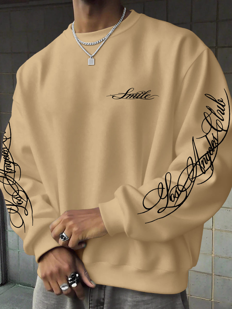 Men's Street-Style Cool Fashion Crewneck Sweatshirt with Smooth Handwritten Font Print, for Daily Casual Trendy Wear - Khaki