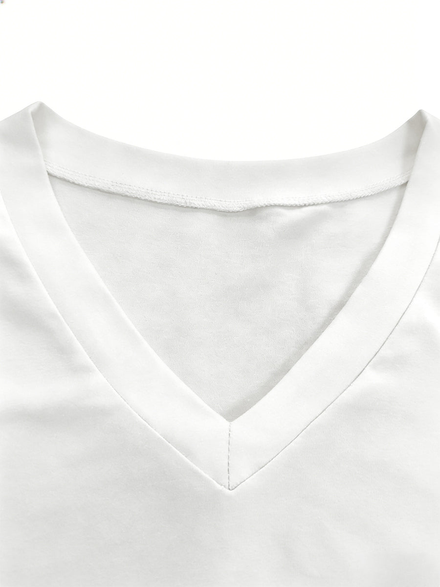 Women S Fashion V Neck Tee Featuring Relaxed Drop Shoulders - White