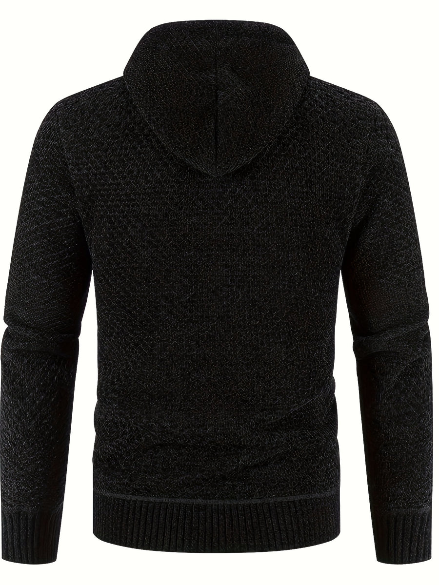 Men'S Premium Knit Cardigan Sweater, Chenille Fabric High Quality Hooded Thick Warm Sweater - Black 2