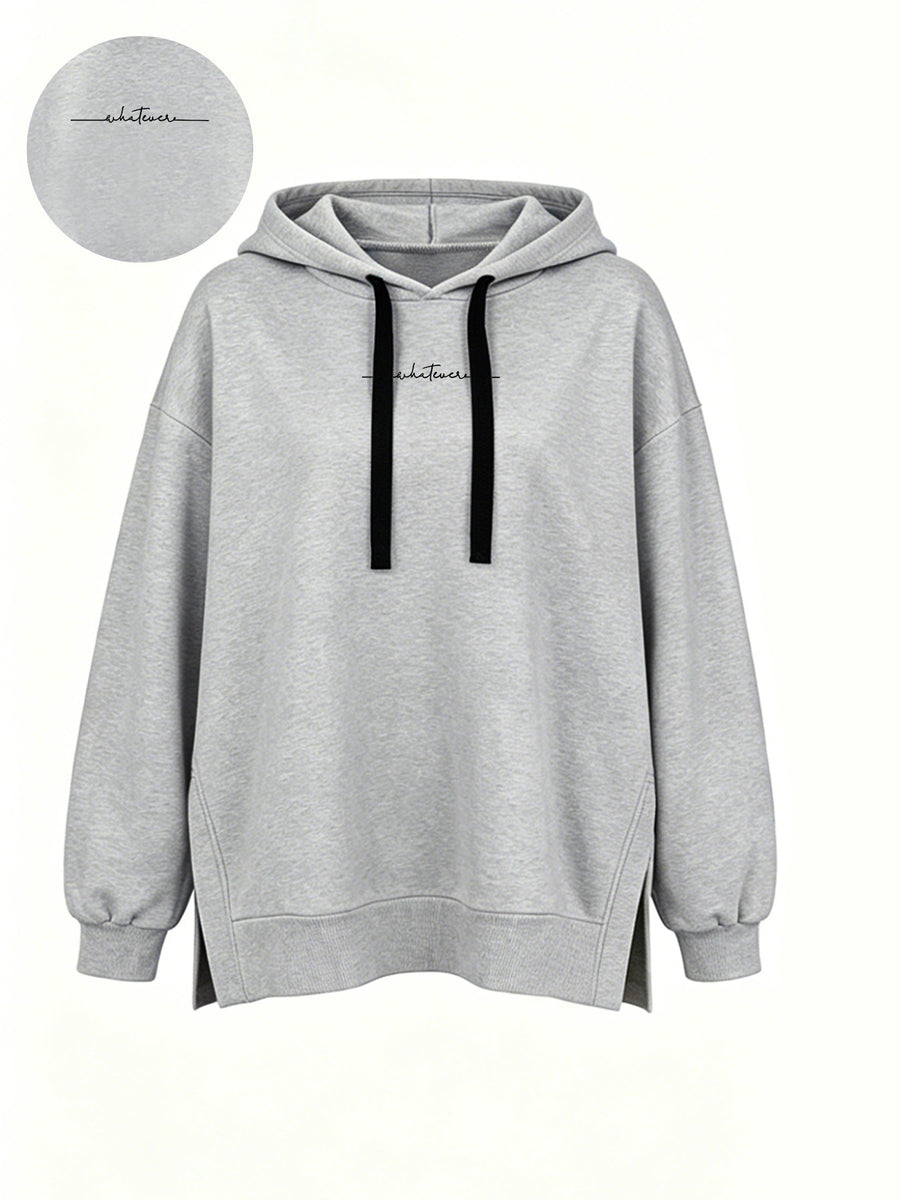 Women'S Fashion Hooded Sweatshirt for Autumn And Winter - Pattern Print Design, Side Slit Detail, Pullover Hoodie - Light Grey