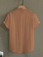 Pearson OBM Men's Summer Solid Color Semi-Transparent Short Sleeve Casual Stand Collar Shirt, Button-Up Fashion Versatile Shirt for Beach Vacation Pool Party - Yellowish-brown