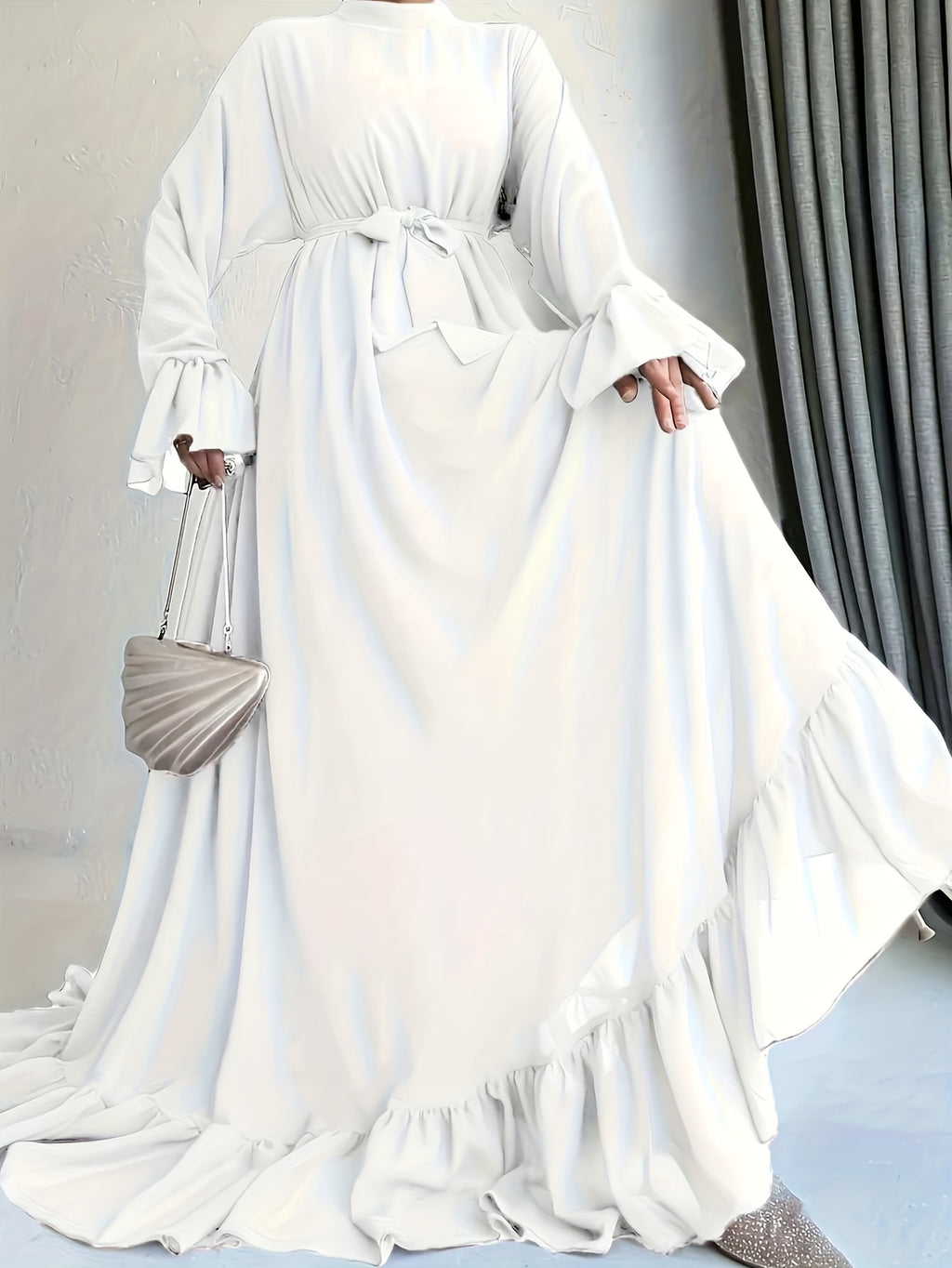 Women's Elegant Vintage-Inspired Ruffled Sleeve & Waist Tie-Front Dress - Fitted Solid Color, Machine Washable All-Season Versatile for Casual & Formal Occasions - White