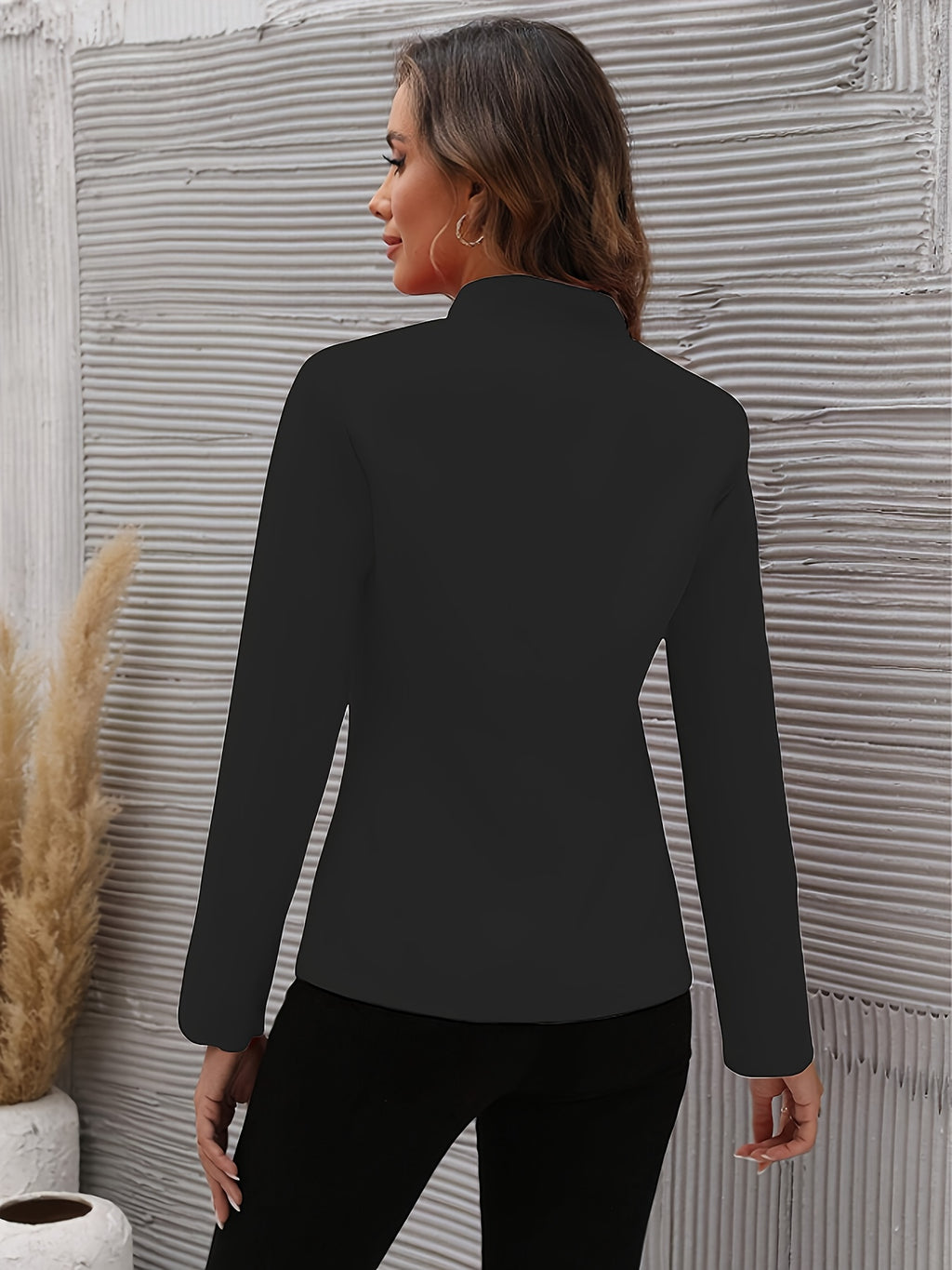 Spring/Autumn Temperament Fashion Solid Color Double-Button Long Sleeve Cardigan Coat - Black