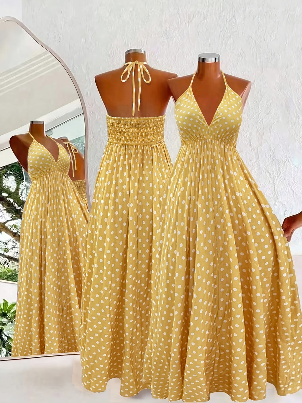 Bohemian Style Printed Long Camisole Dress with Tie-up Halter Neck, Wrap-around Detail, and Flared Hem for Beach Vacation - Yellow