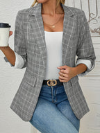 1pc Elegant Women'S Plaid Blazer - Polyester H-Fit Long Sleeve Jacket with Pockets, Single Button Front, Woven Weave for Fall Season - White