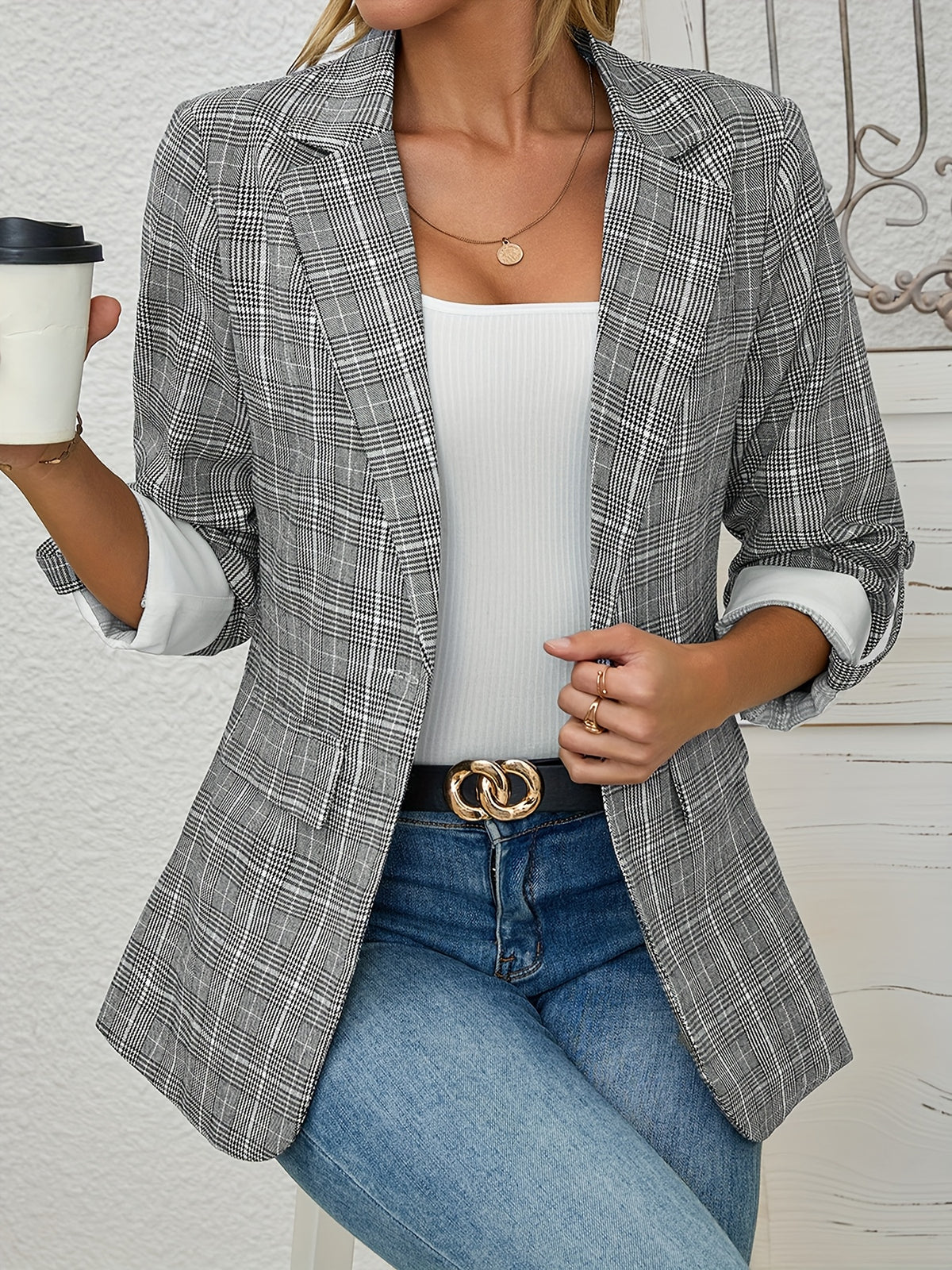 1pc Elegant Women'S Plaid Blazer - Polyester H-Fit Long Sleeve Jacket with Pockets, Single Button Front, Woven Weave for Fall Season - White