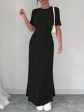 A Tailored, Solid Black Dress for Women, Featuring a Slit Design, Suitable for Everyday Wear in Spring And Summer - Black